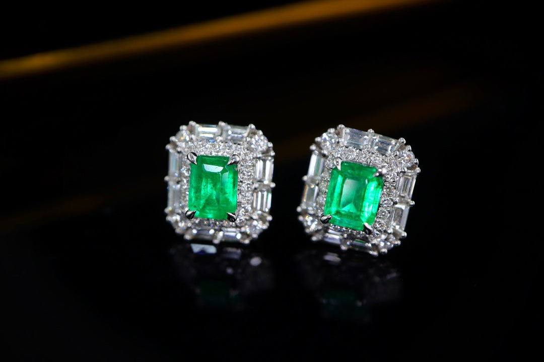 Panjshir Emerald Stud Earrings with Diamond Halo - Classic and Versatile Jewelry