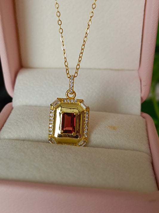 Geometric Square Pendant: S925 Silver Embedded with Garnet - Unique Jewelry