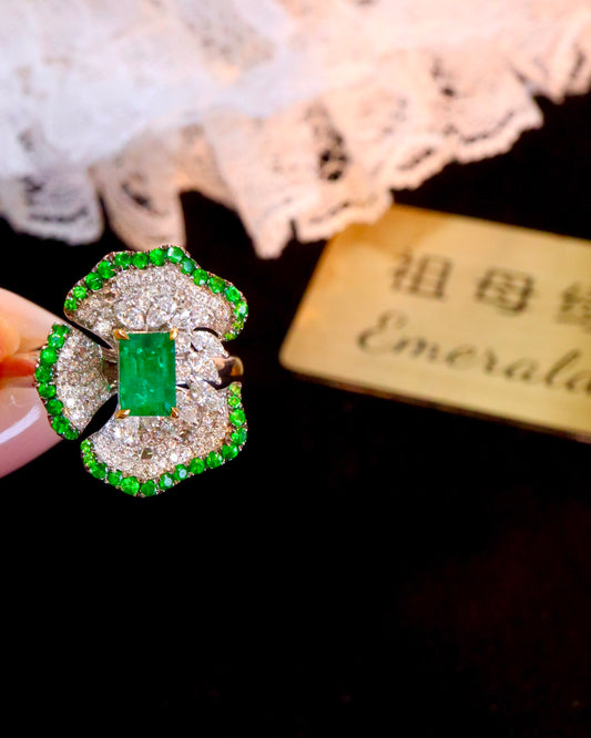 Eternal Blossom Jewelry: 18K Gold Diamond and Emerald Ring