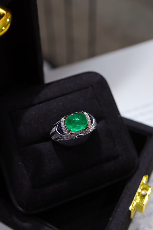 Artdeco Heavy Craftsmanship Sugarloaf Emerald 3.68ct Ring - Rare Large Carat Jewelry