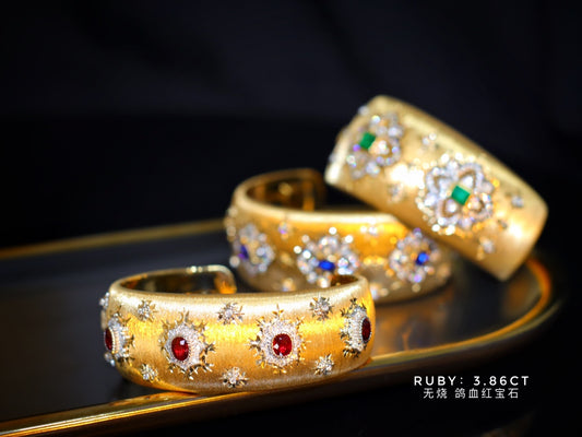 Luxurious Buccellati-Style Wide Cuff Bracelet with Pigeon's Blood Red Gemstone