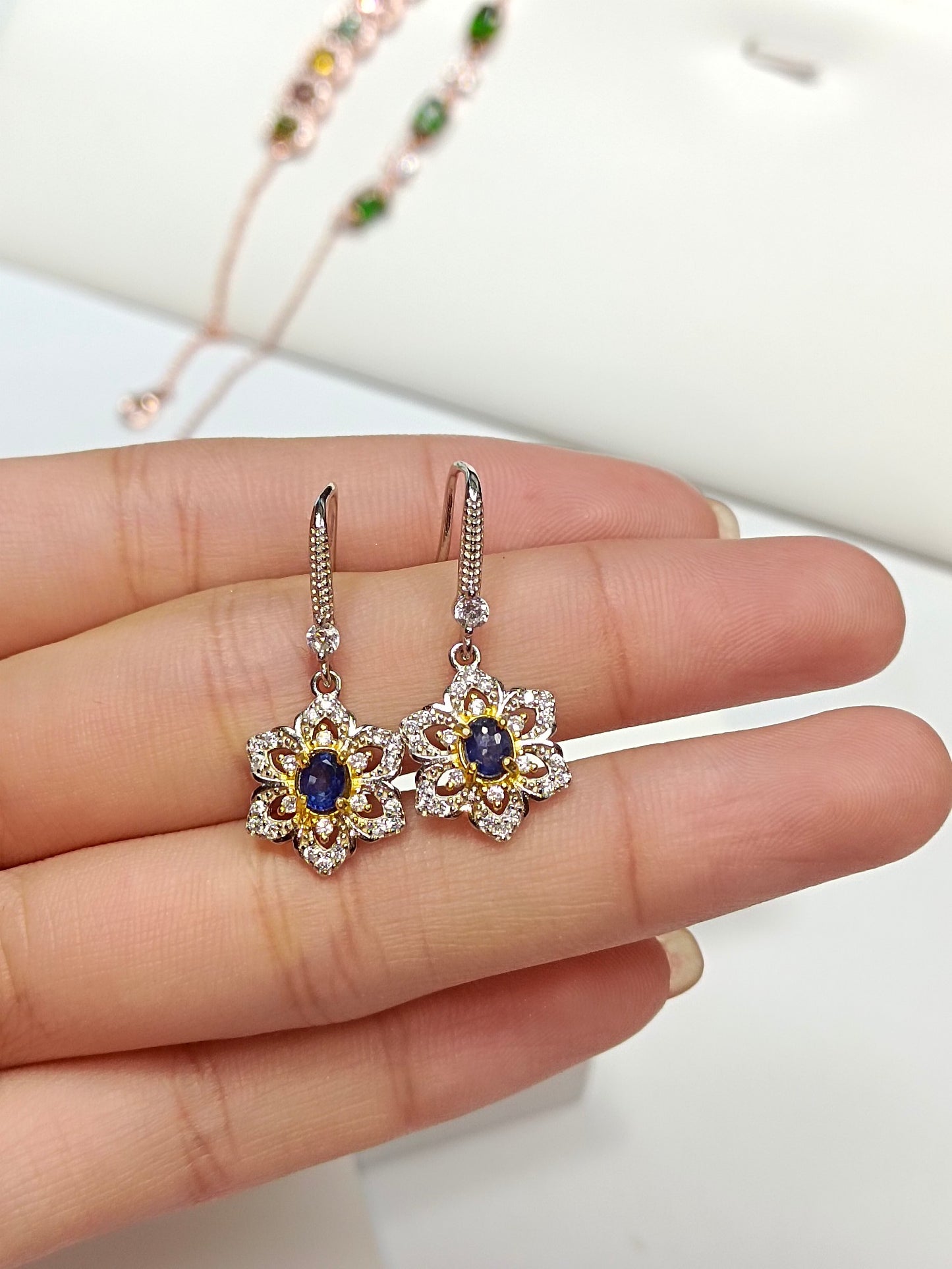 S925 Silver Sapphire Sunflower Earrings - Elegant Jewelry