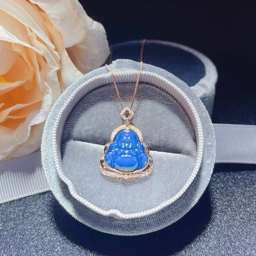 Neu eingetroffen: „Buddha“-Anhänger aus 18-karätigem Gold mit eingebettetem dominikanischen blauen Bernstein – exquisiter Schmuck