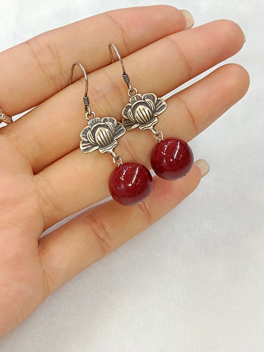 Elegant Vermilion Cinnabar S925 Silver Earrings - Minimalist Red Purple Gold Sand Bead Drops