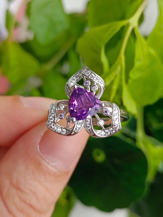 Elegant Natural Purple Crystal Ring with Orchid Design - Unique Jewelry