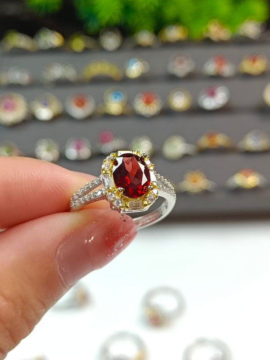 Elegant Sterling Silver Garnet Ring - Adjustable Dual Tone Craftsmanship Jewelry