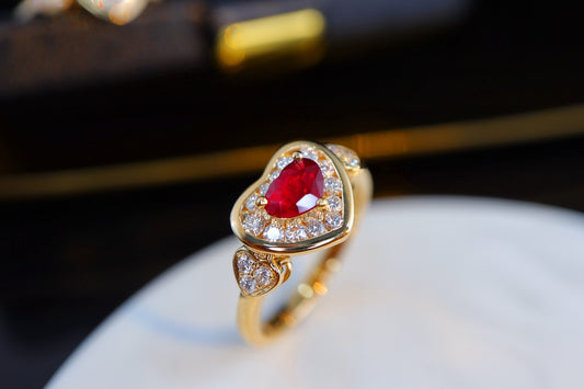 Art Deco Inspired Heavy Craftsmanship Fine Ring - Unique Heart-Cut Pigeon Blood Red Jewelry