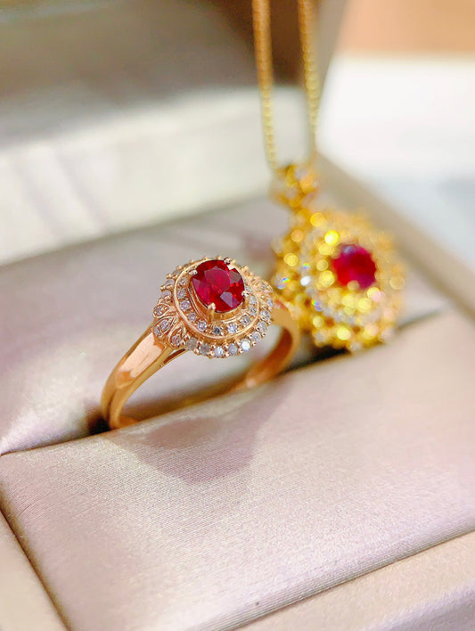 Exclusive Double 11 Jewelry Set: 18K Gold Ruby and Diamond Ring & Pendant