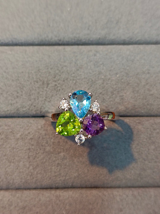 S925 Sterling Silver Fine Jewelry with Multi-Gem Embedding - Amethyst, Topaz, Peridot Ring