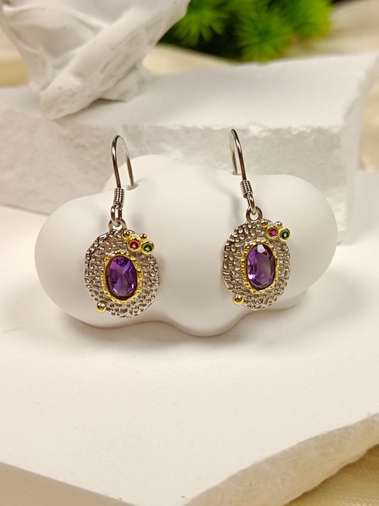 S925 Silver Embedded Amethyst Earrings - Italian Craftsmanship