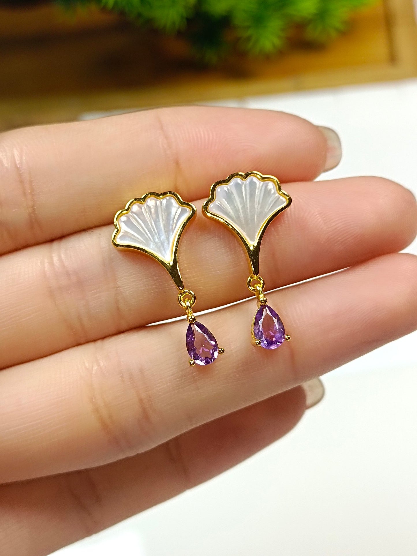 S925 Silver Embedded White Shell Amethyst Earrings - Summer Light Luxury Elegant Jewelry