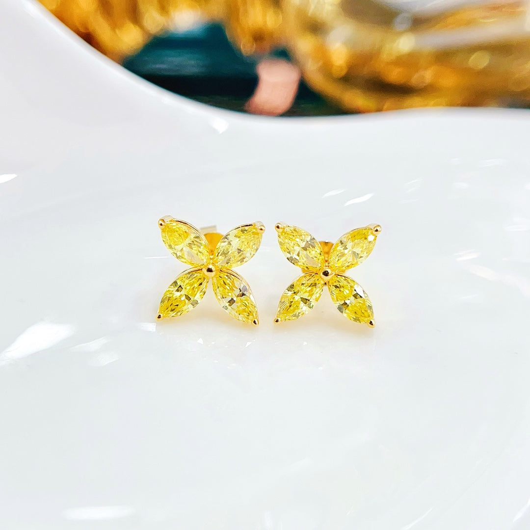 18K Yellow Gold Cultured Diamond Four-Leaf Marquise Earrings - LGED001-Y