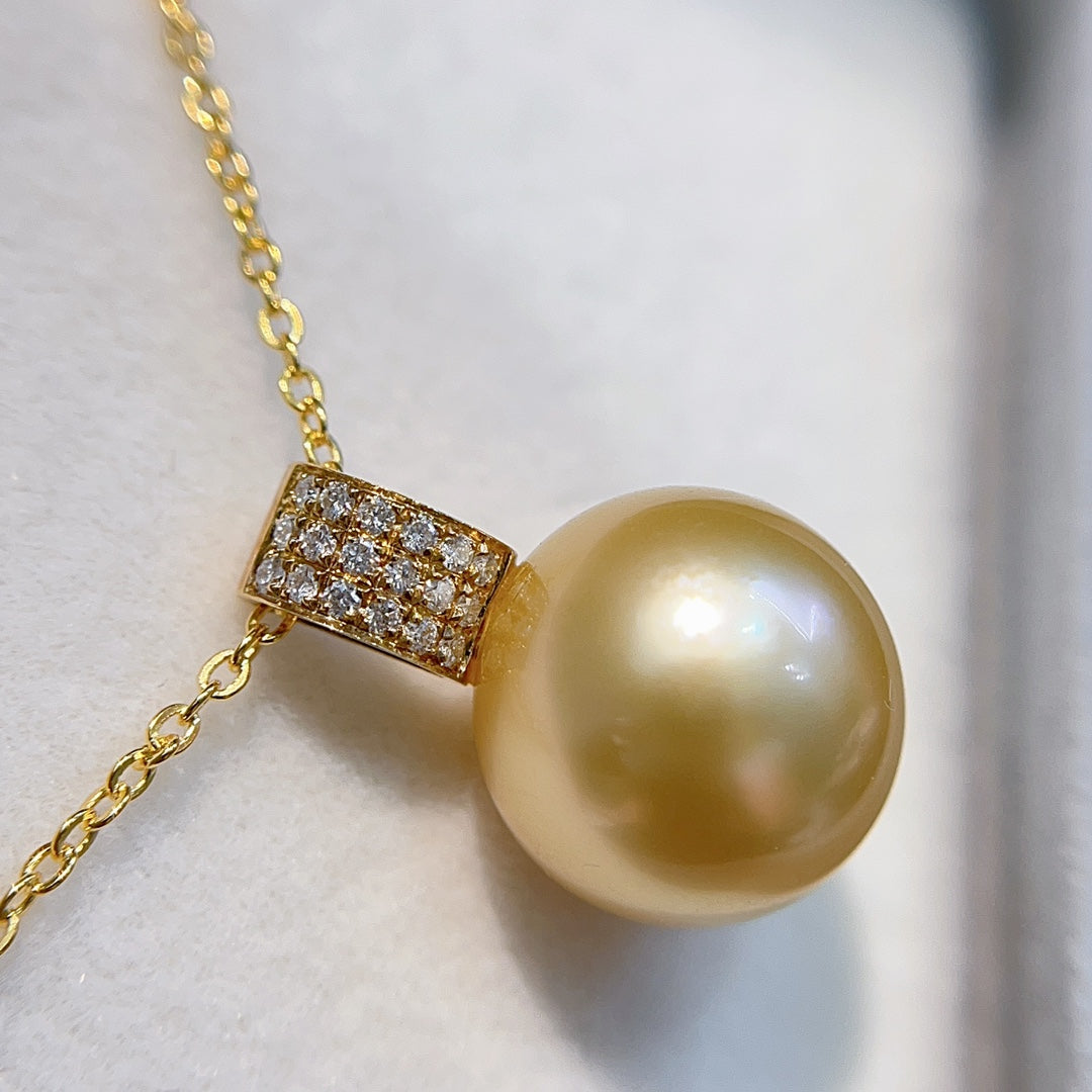 Luxury 18k Gold伴 Diamond 12.1mm Natural South Sea Golden Pearl Jewelry