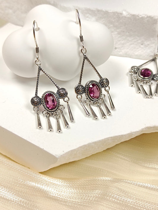 S925 Silver Embedded Purple Garnet Tassel Earrings with Vintage Charm