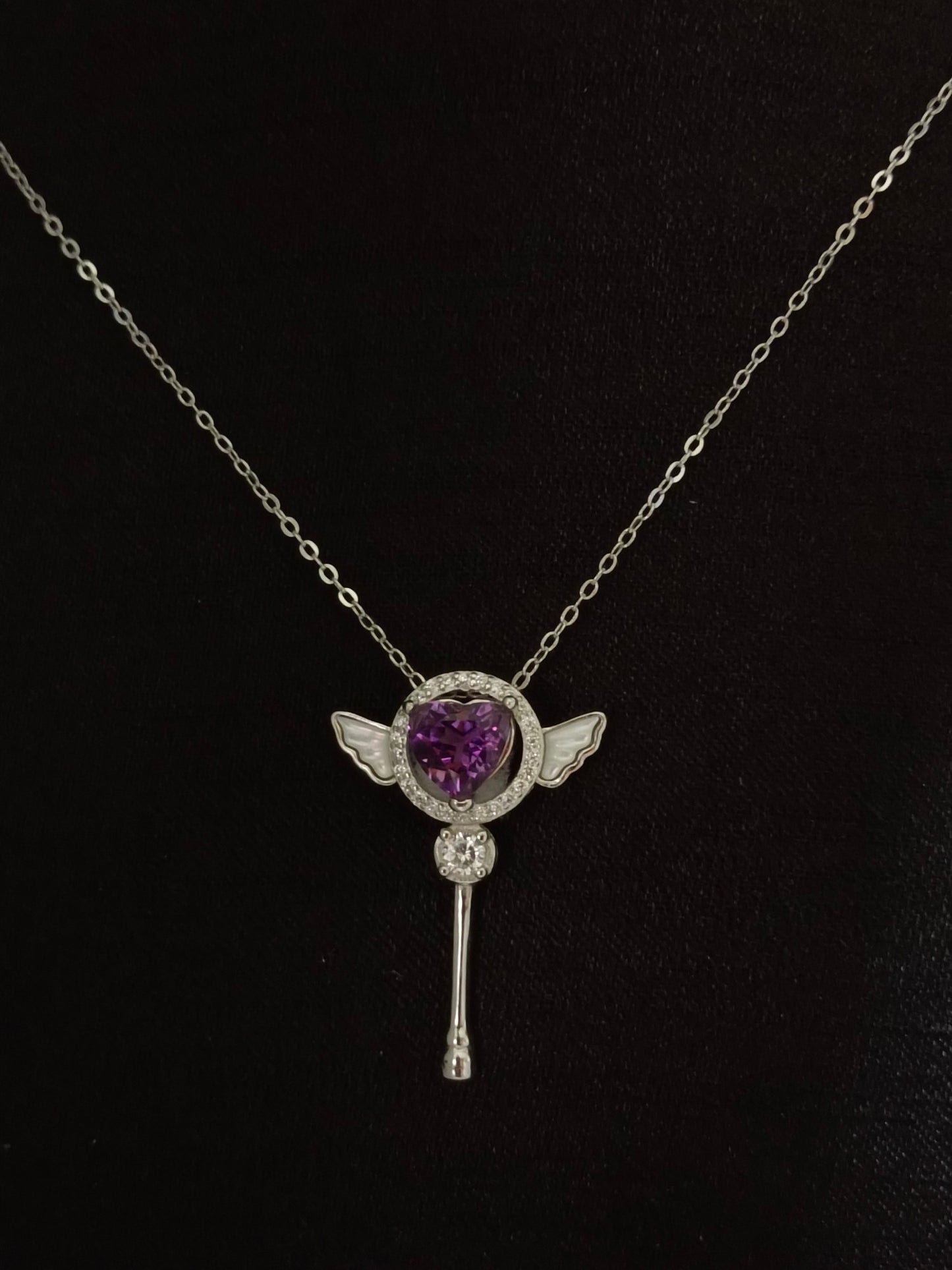 Elegant and Whimsical Natural Purple Crystal Heart Wand Pendant Jewelry