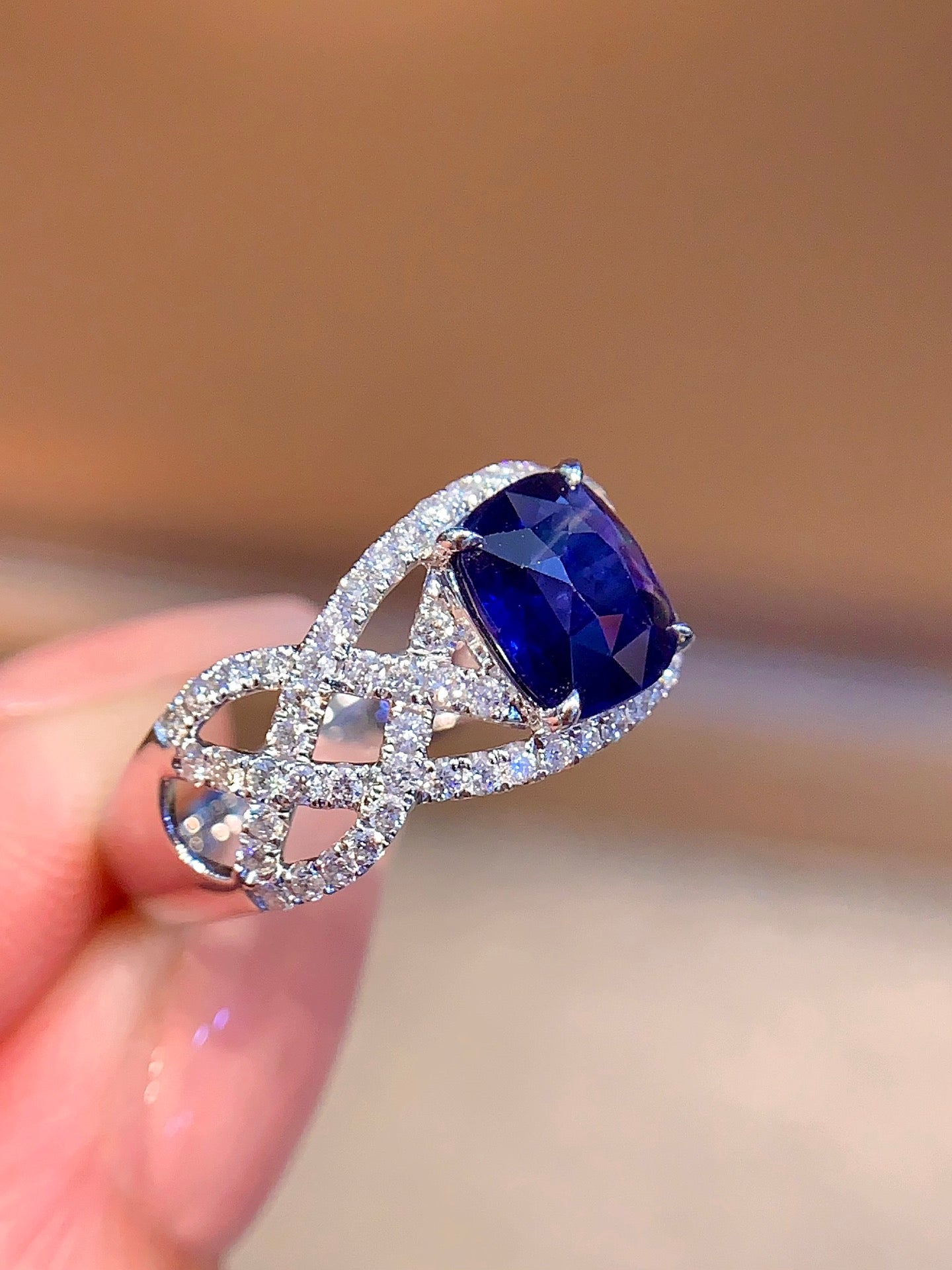 Exquisite Openwork Wide Band Ring with Natural Sapphire - Jewelry