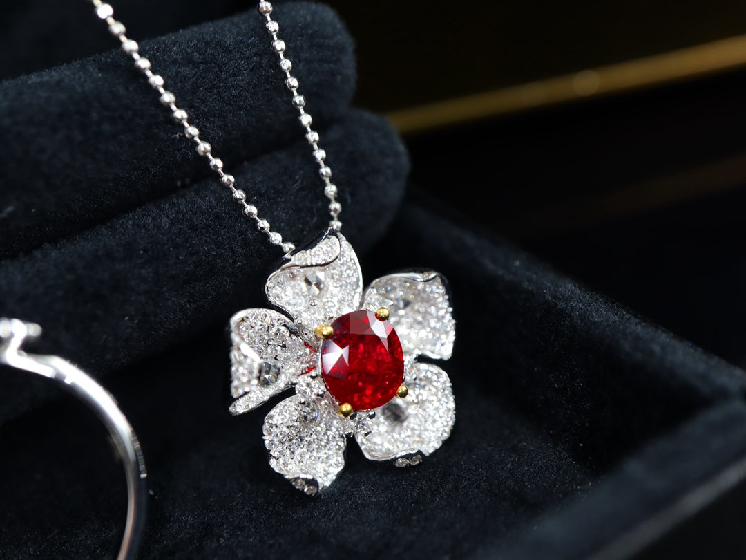 Pigeon's Blood Ruby Pendant/Ring Dual-Use Jewelry - Floral Design with Full Diamonds