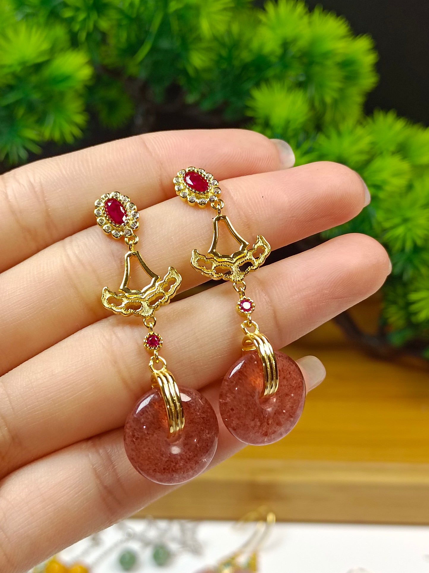 Original Design Natural Strawberry Quartz Safety Buckle S925 Silver Earrings - Classical Jewelry