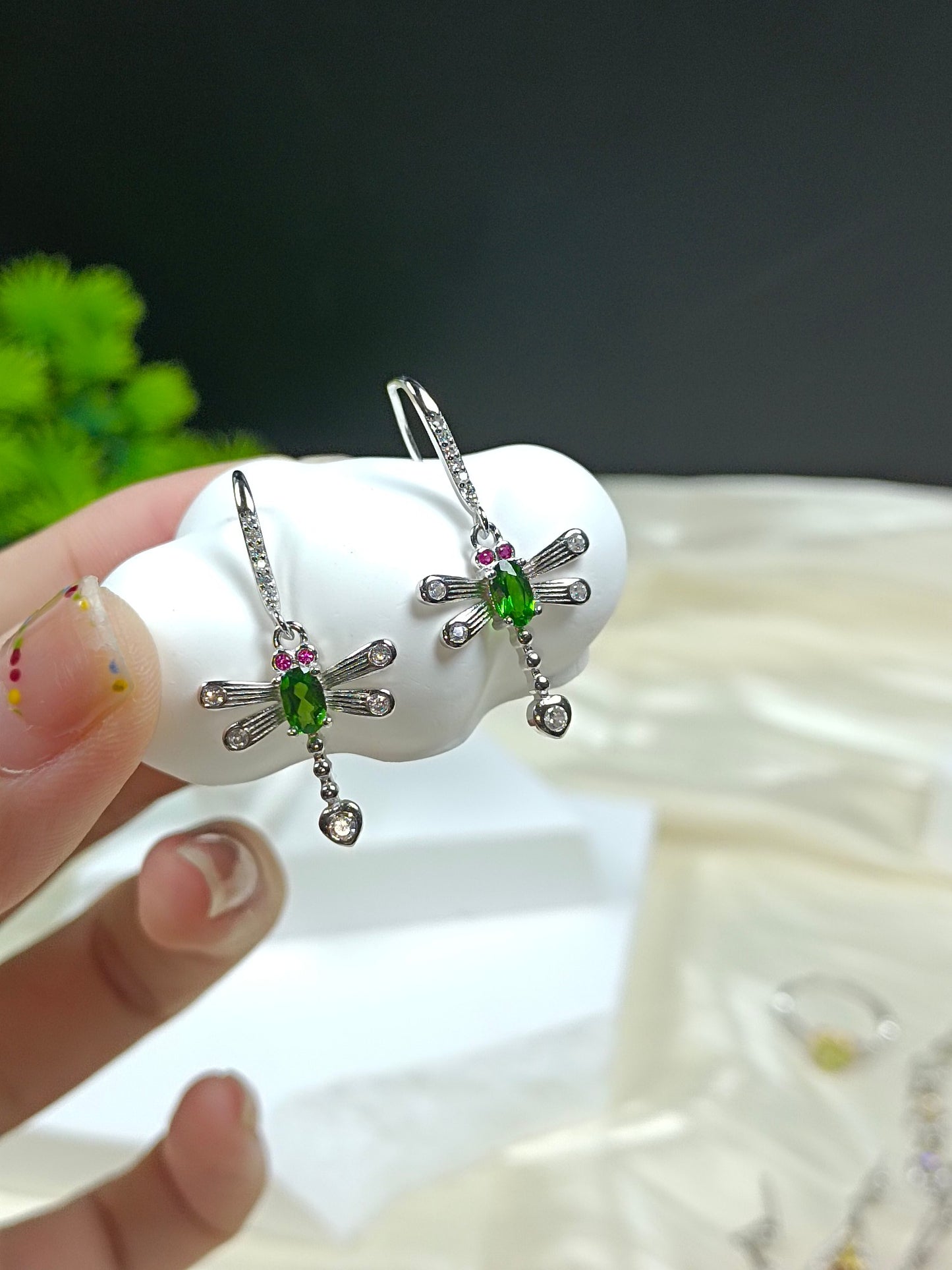 S925 Silver Embedded Diopside Earrings - Cute and Unique Dragonfly Design Jewelry