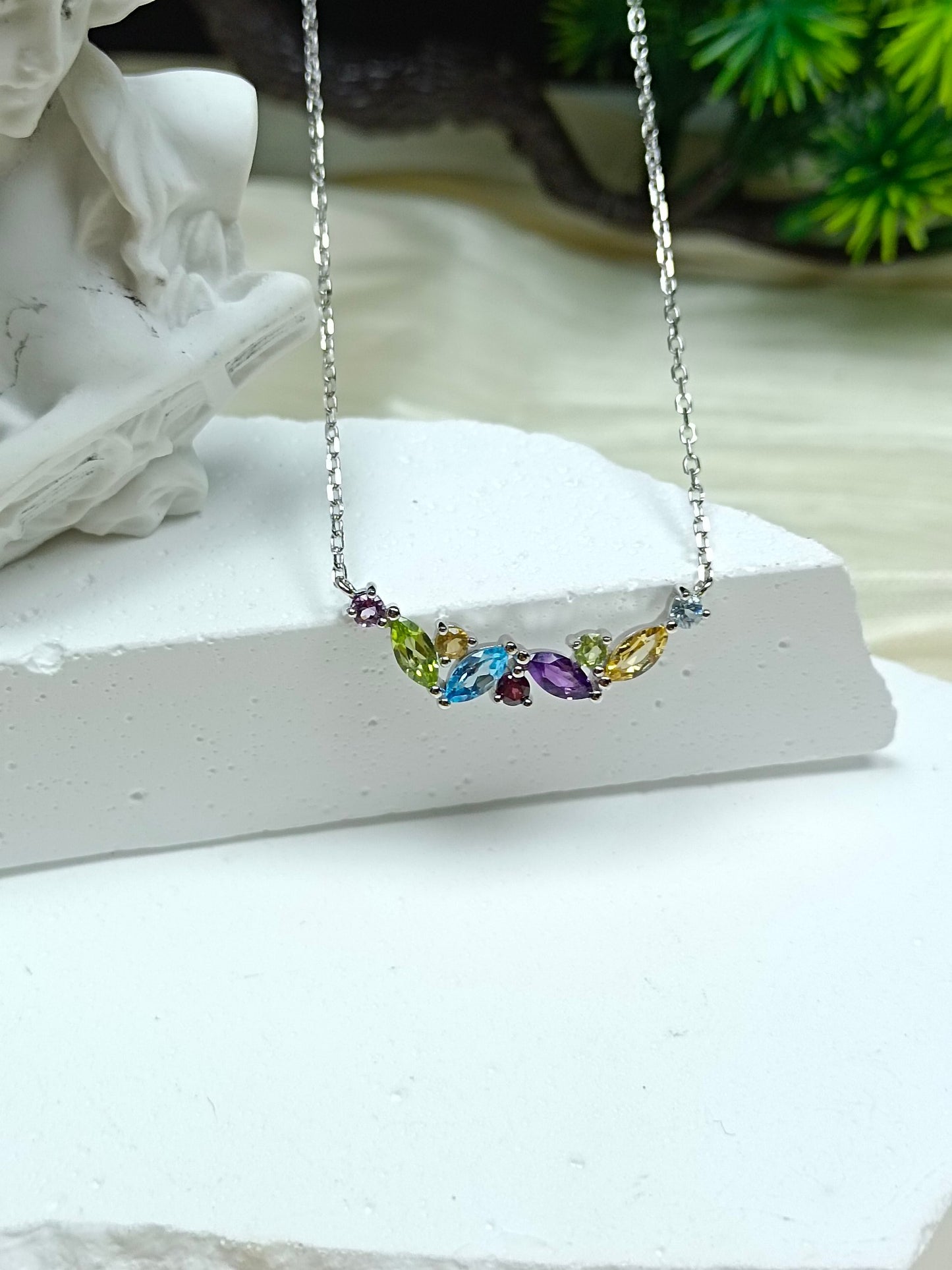 S925 Sterling Silver Rainbow Multi-Gemstone Necklace with 18K Gold Embedding - Exquisite Jewelry