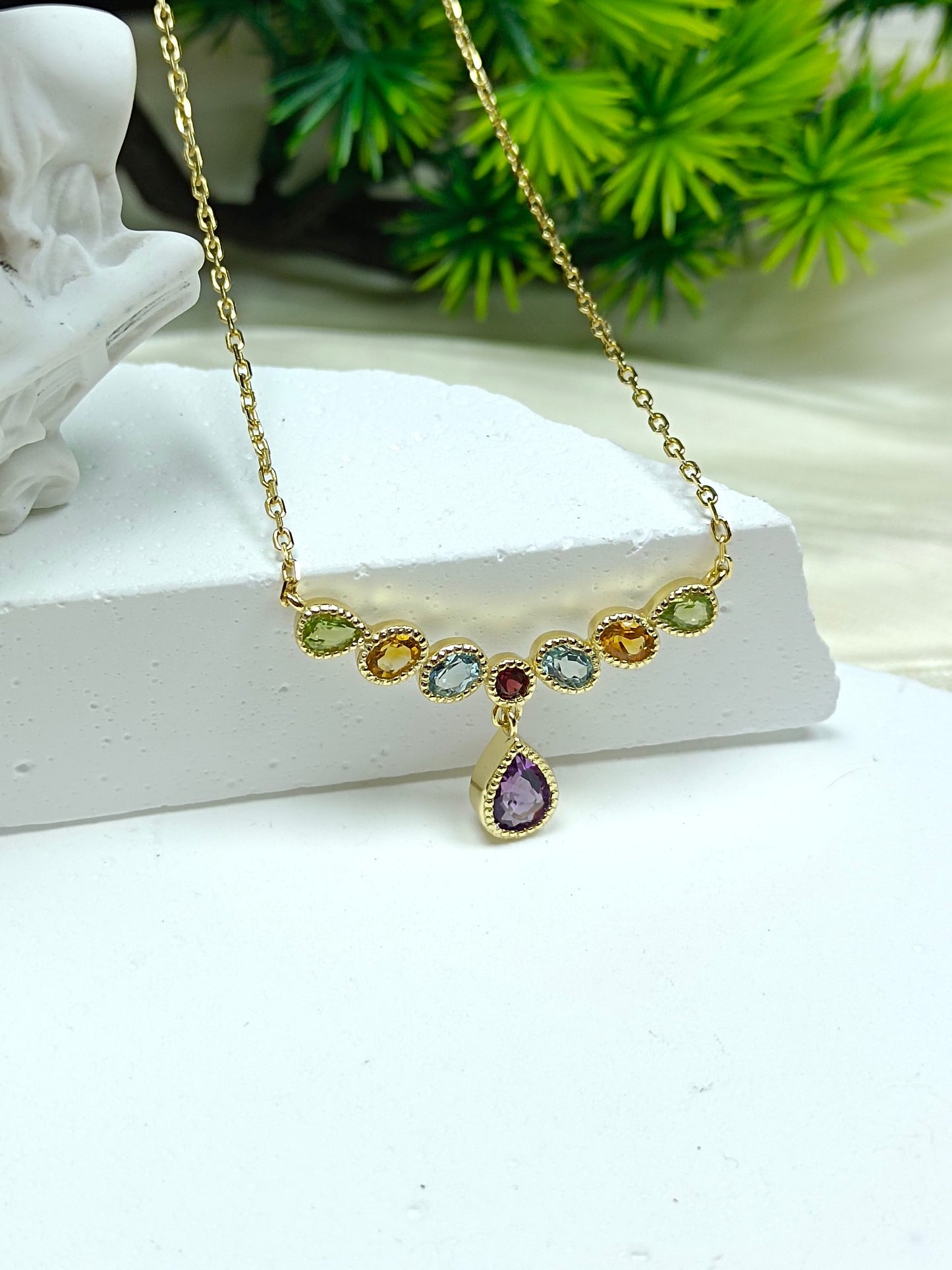 Prachtige S925 Sterling Zilver Amethist Drop Multi-Gem Sieraden Ketting