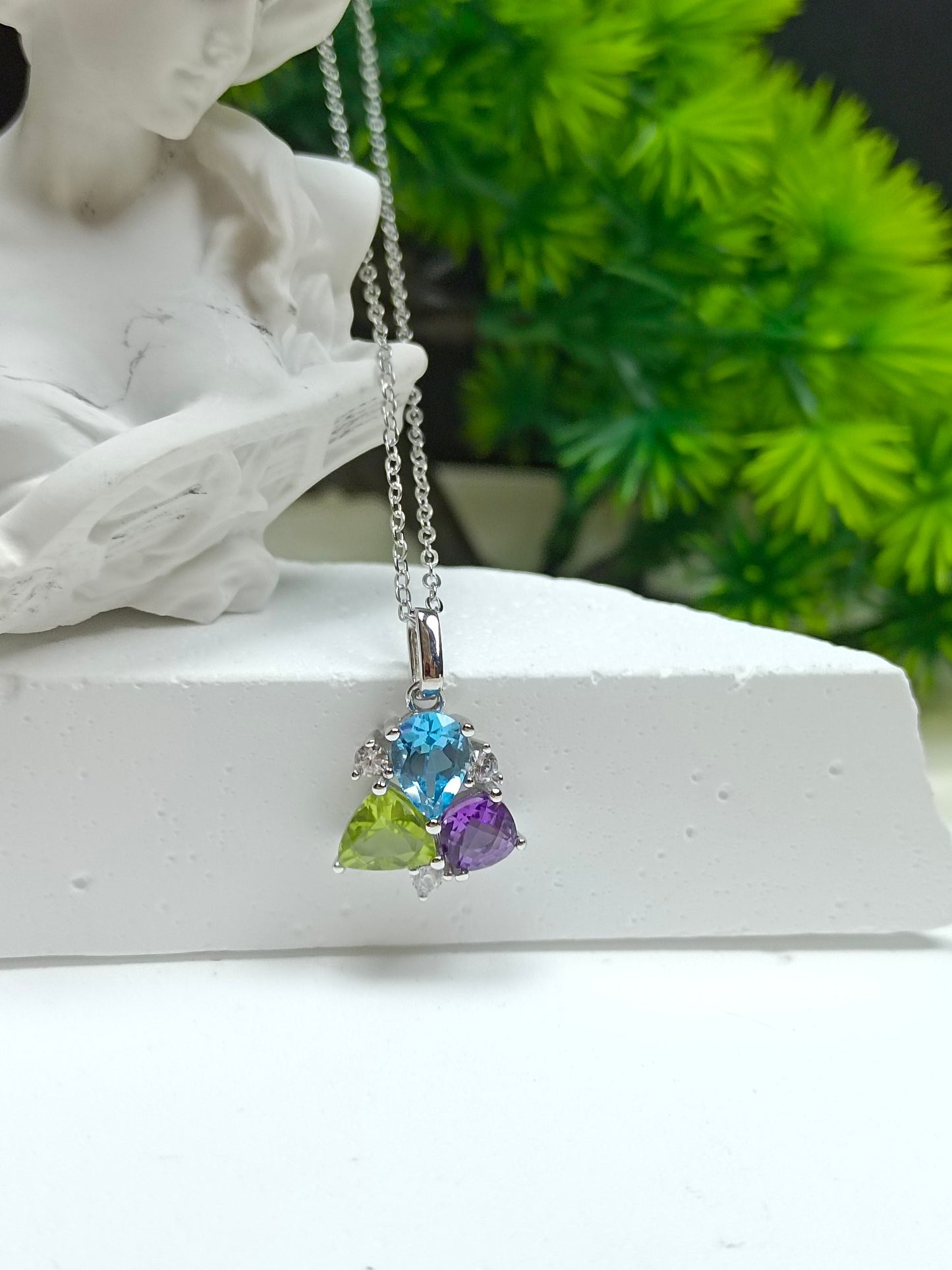 Barang Kemas S925 Sterling Silver dengan Amethyst, Topaz dan Peridot Inlay