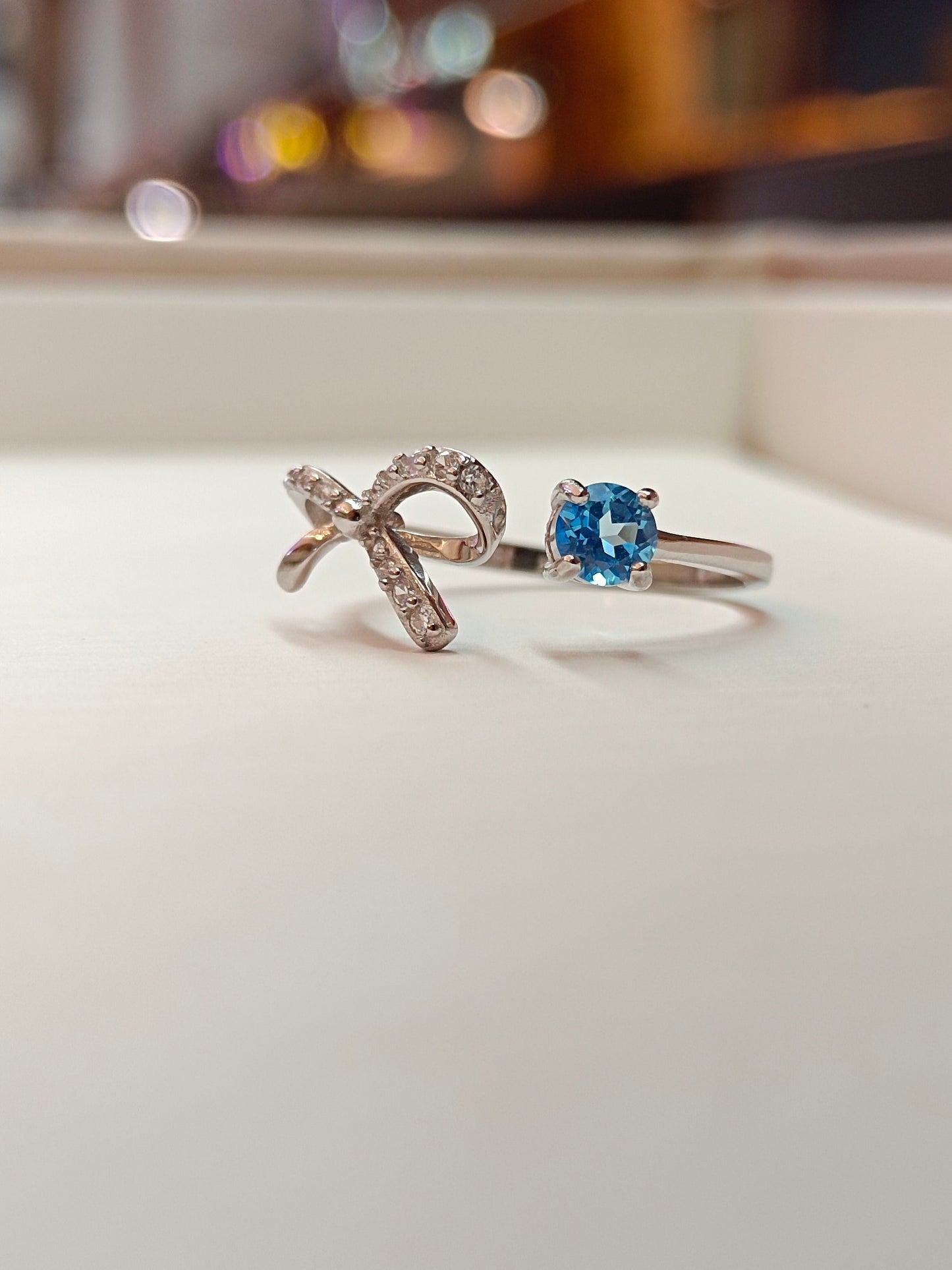 S925 Silver Embedded Aqua Blue Topaz Bowknot Ring - Fashionable & Refreshing Adjustable Jewelry