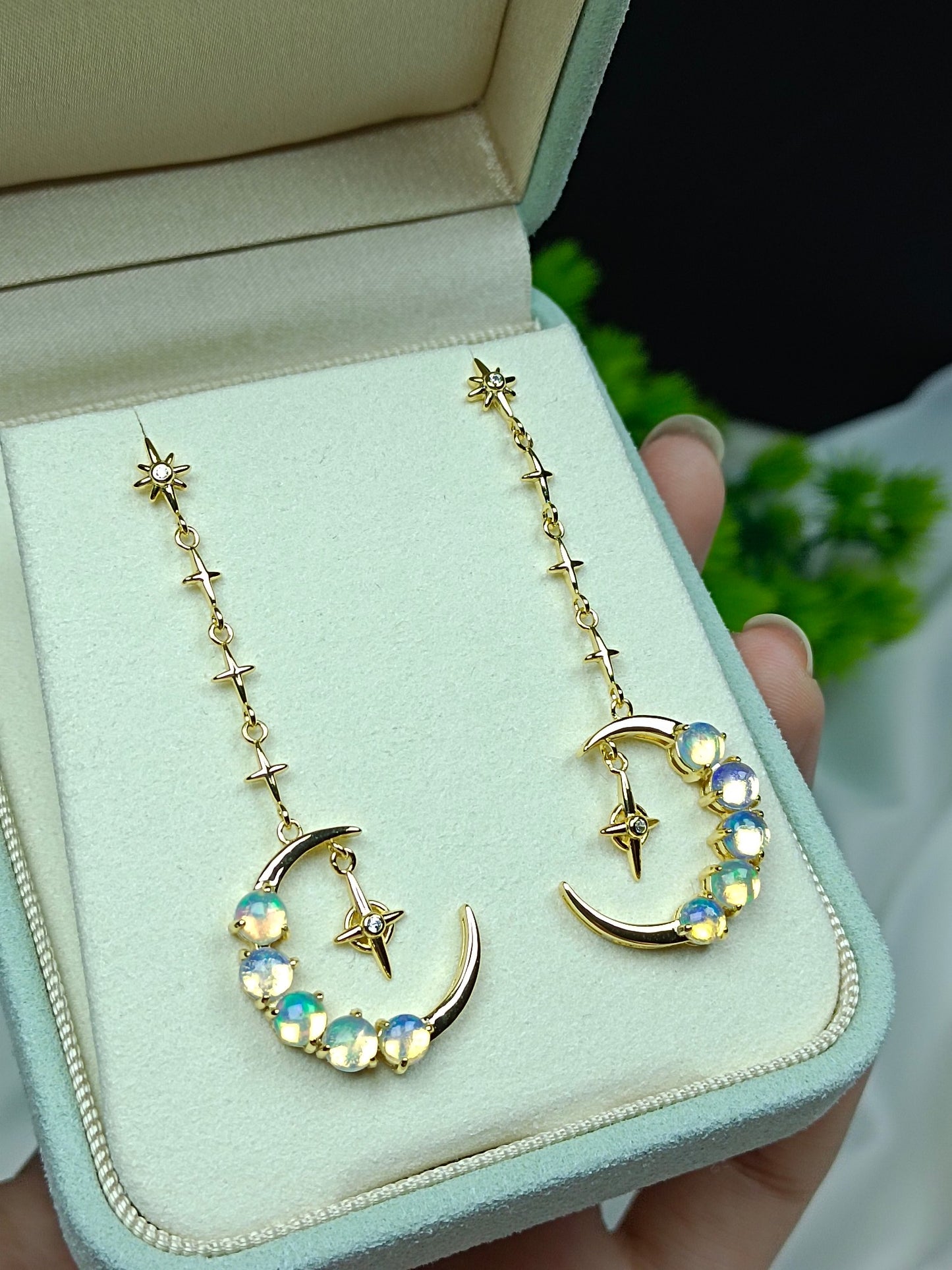 S925 Silver Exquisite Opal Crescent Moon & Star Earrings - Jewelry