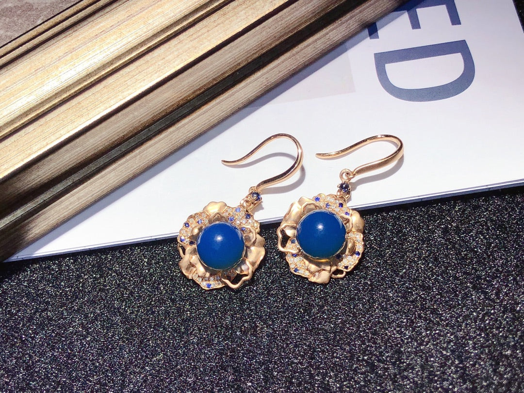 Elegance Unfading Beauty: 18K Gold Embedded Dominican Blue Amber Earrings Jewelry