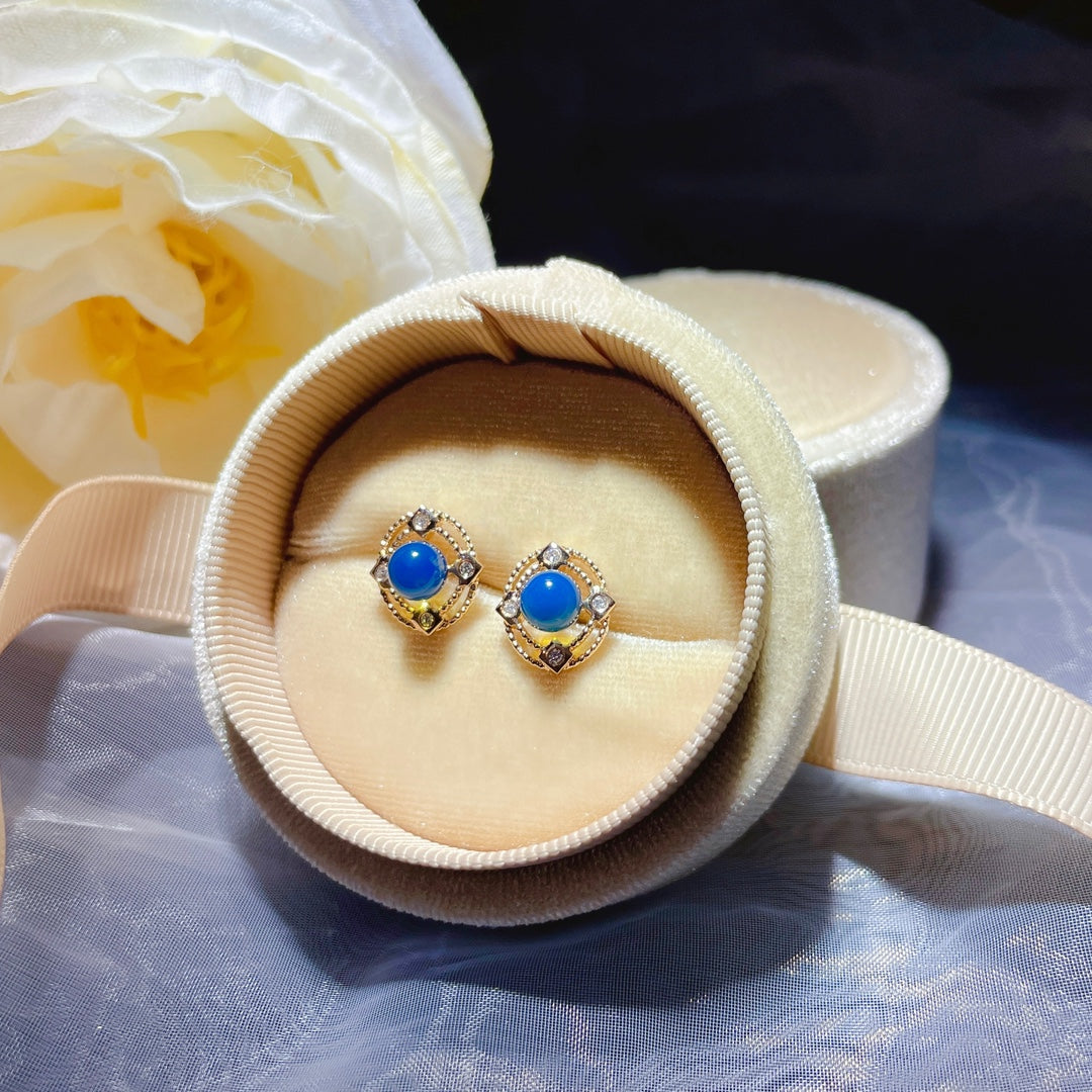 New Arrival - 18K Gold Embedded Dominican Blue Amber Earrings for the Serene and Sweet Lady