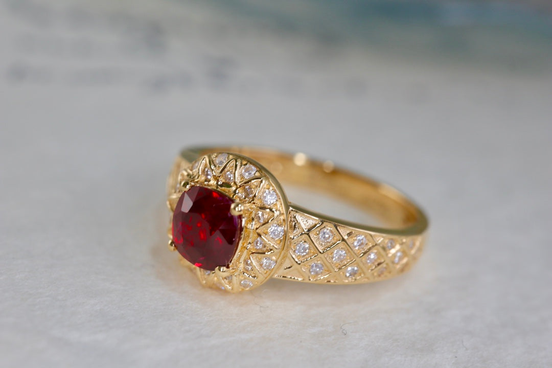 Pigeon Blood Red Ruby Ring with Full Diamond Pavé Setting - A Classical Charm