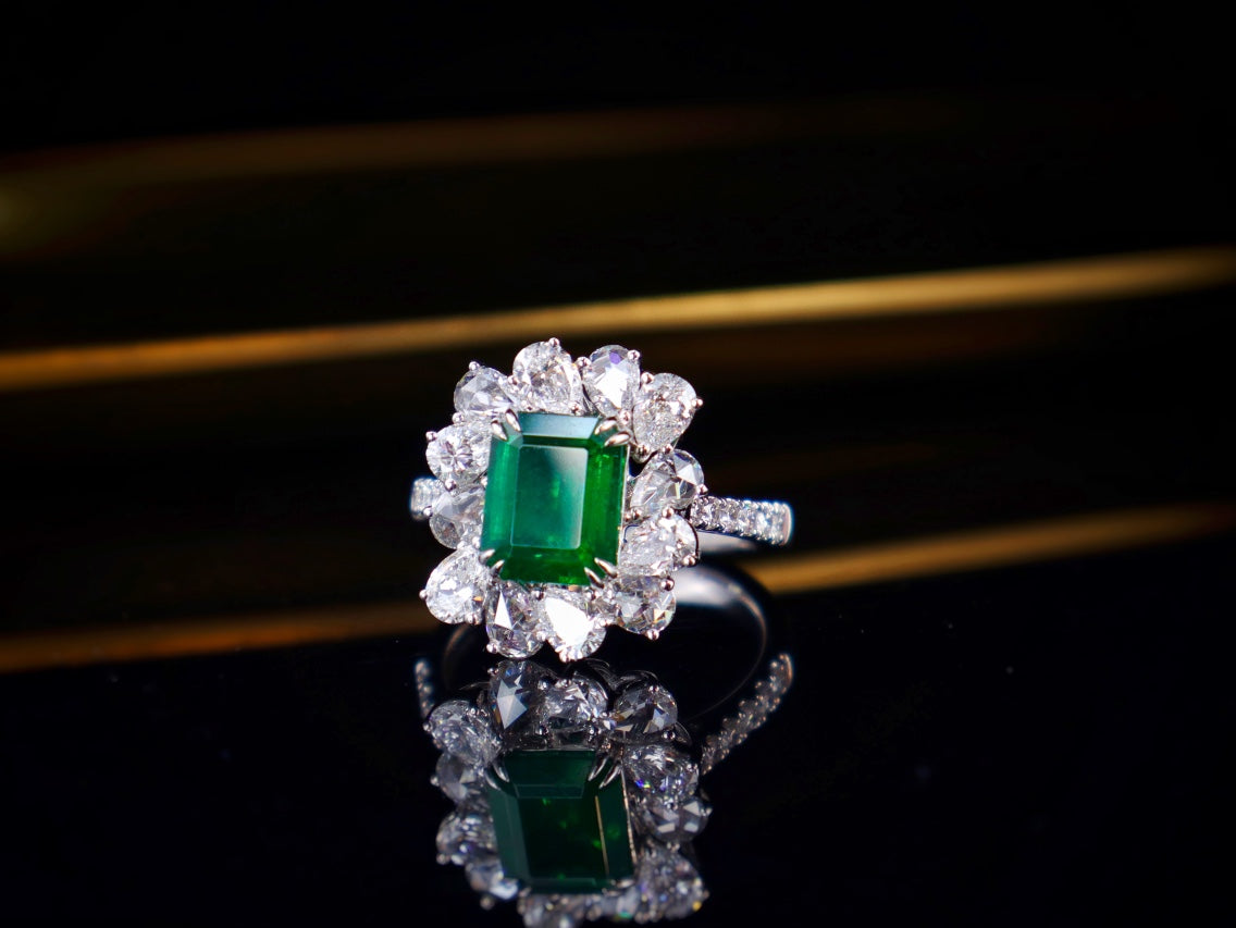 Emerald Jewelry - Verdant 1.95ct Watton Green Ring with Sparkling Rose-Cut Diamonds