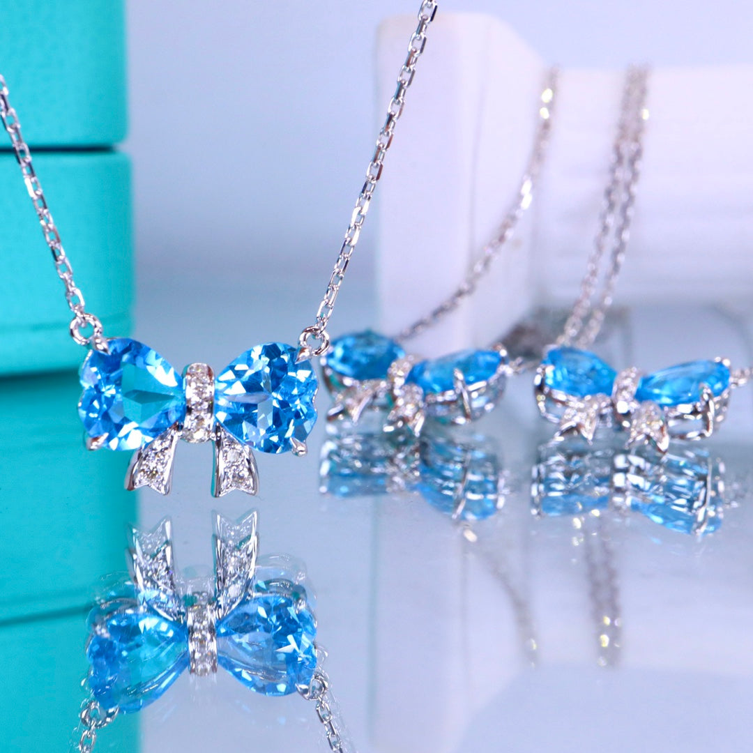 Exquisite Heart-Shaped Bowknot Jewelry with Swiss Blue Topaz and Diamonds