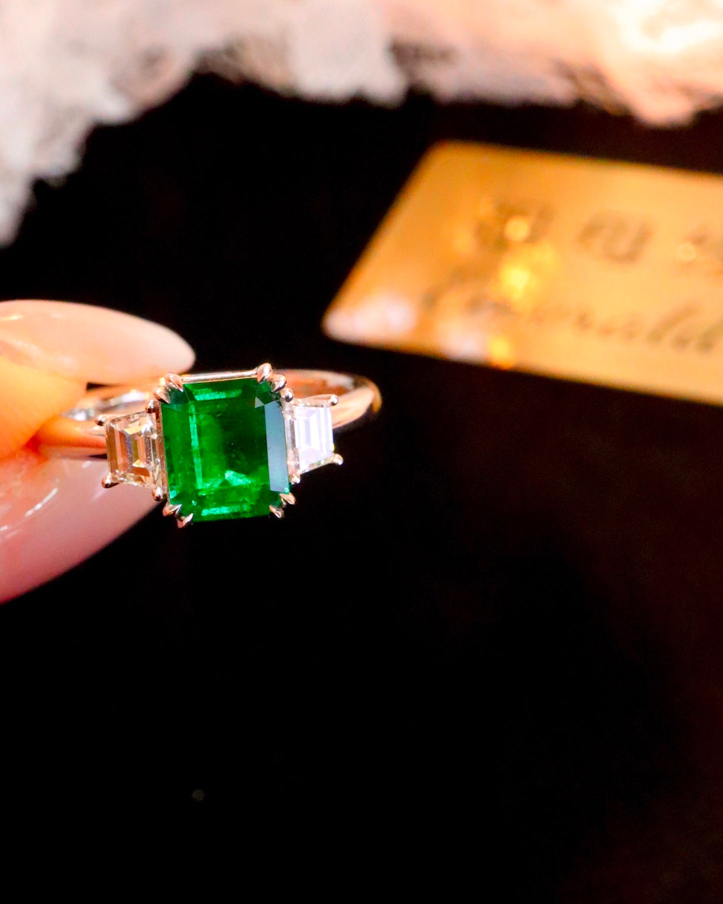 Elegant Three-Stone Vivid Green Emerald Ring - Fine Jewelry