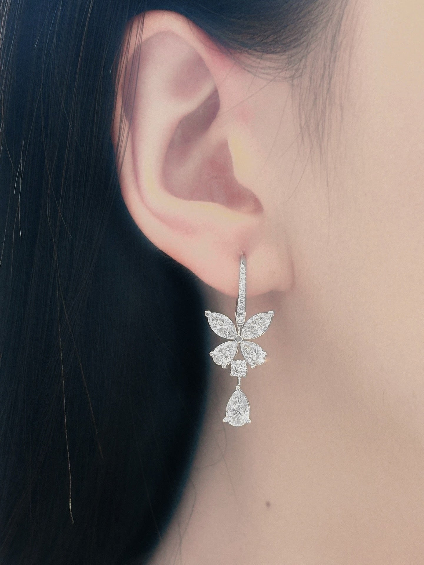 18K Diamond Cultured Marquise Butterfly Drop Earrings