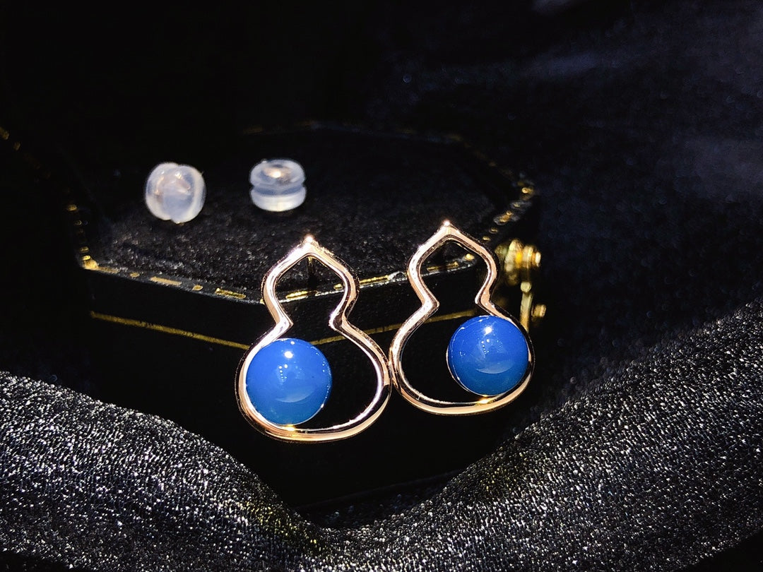 New Arrival! 18K Gold Embedded Dominican Blue Amber Earrings with Gourd Shaped Design - Exclusive Jewelry