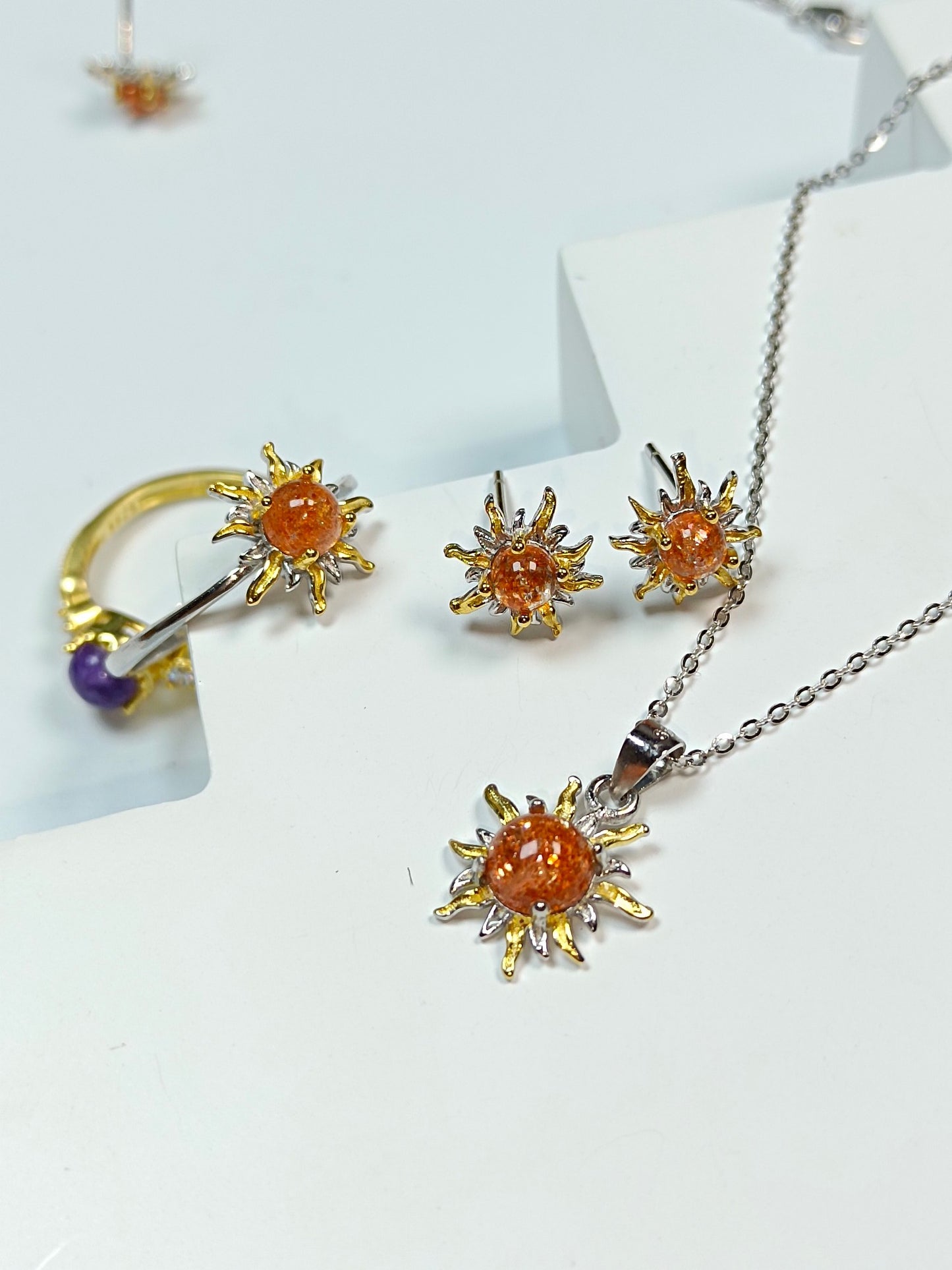 S925 Silver Embedded Sunstone "Sunflower" Jewelry Set