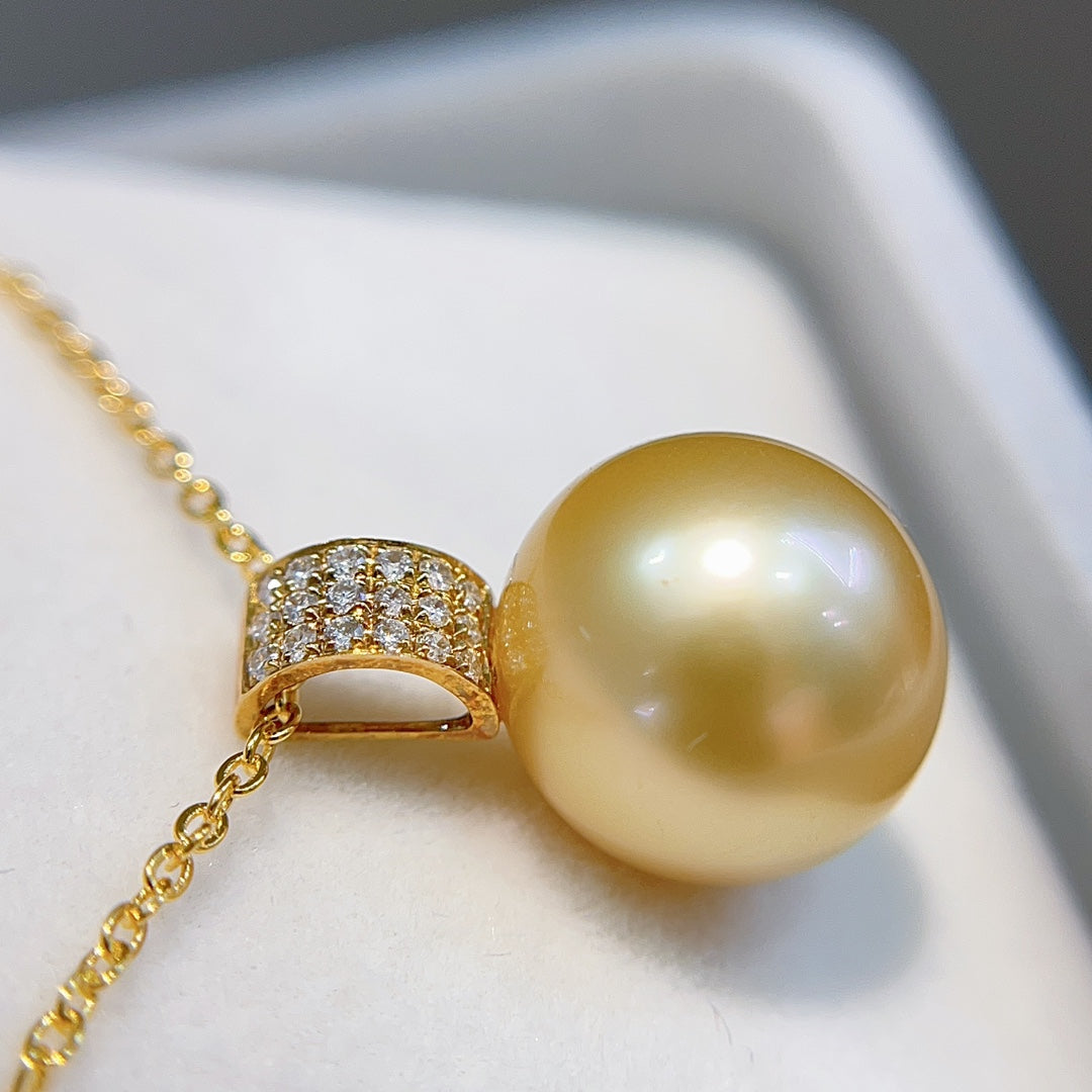 Luxury 18k Gold伴 Diamond 12.1mm Natural South Sea Golden Pearl Jewelry