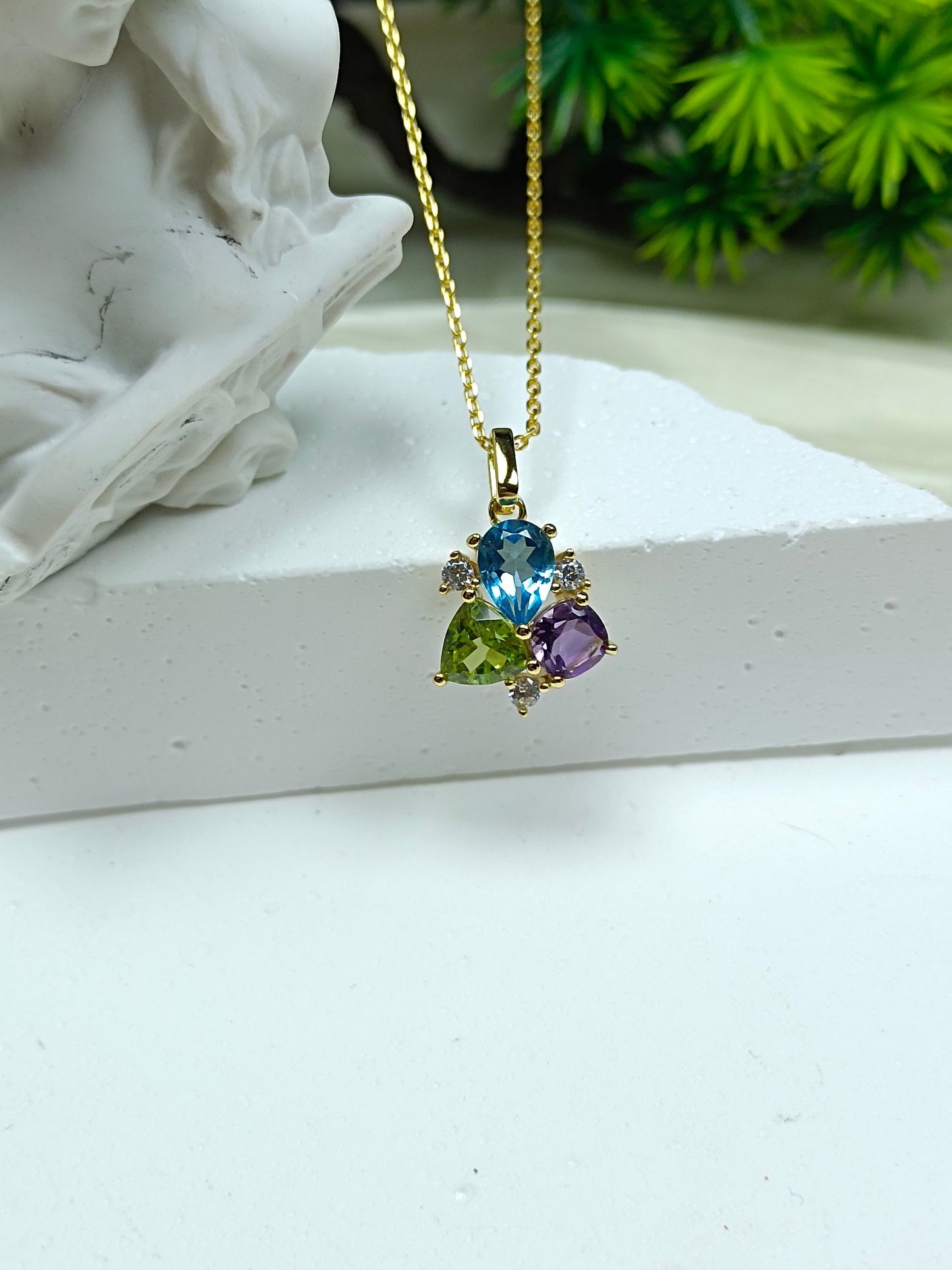 Barang Kemas Perak S925 Sterling Indah Dibenamkan dengan Amethyst, Topaz dan Peridot