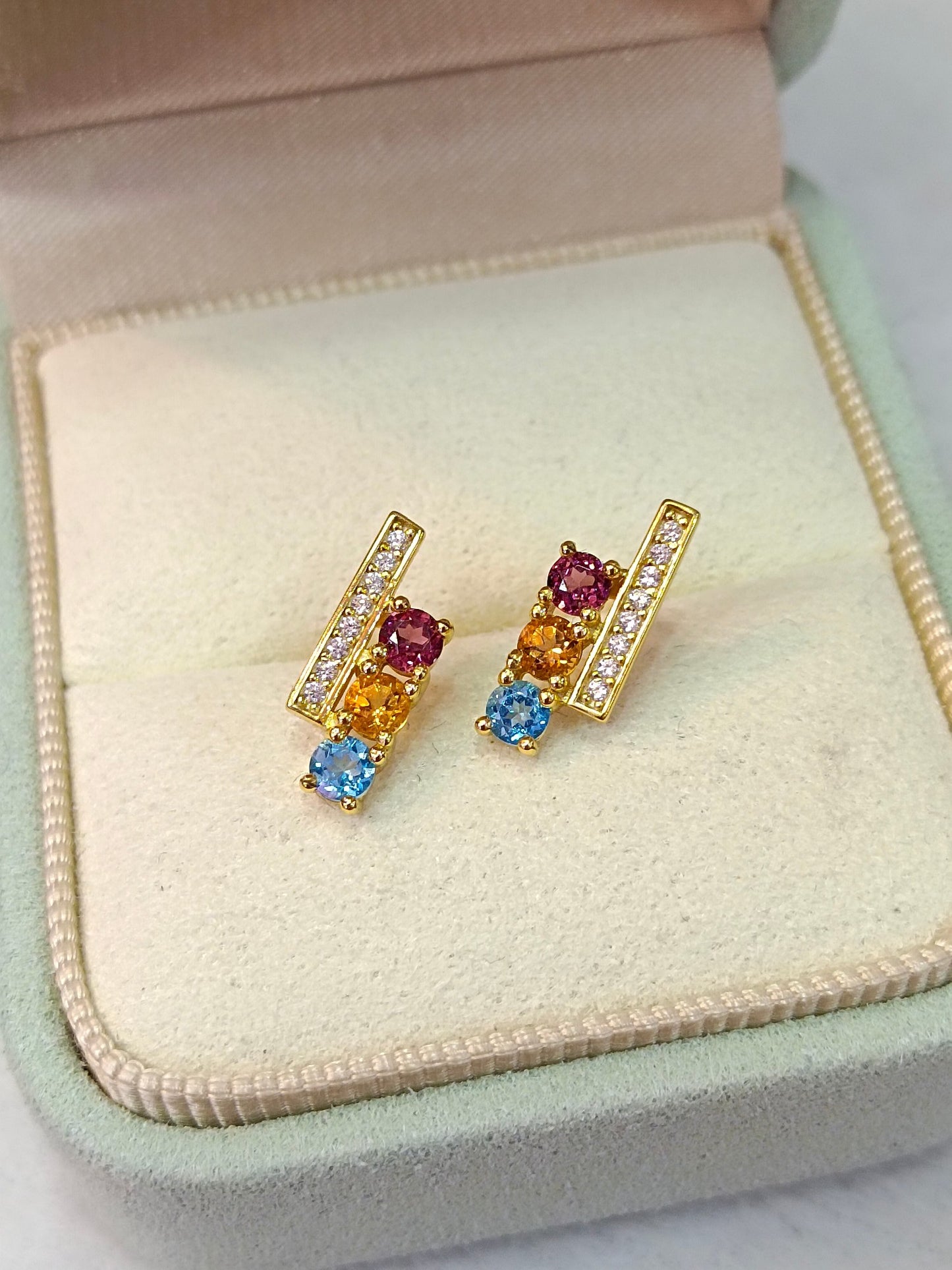 S925 Sterling Silver Delicate Gemstone Stud Earrings with Garnet, Citrine, and Topaz - Unique Korean Style Jewelry