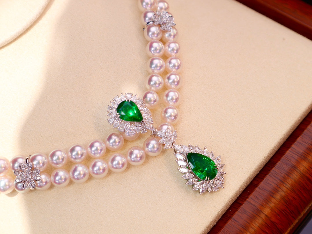 High-End Luxury Flower天女 Pearl and Emerald Evening Wear Necklace