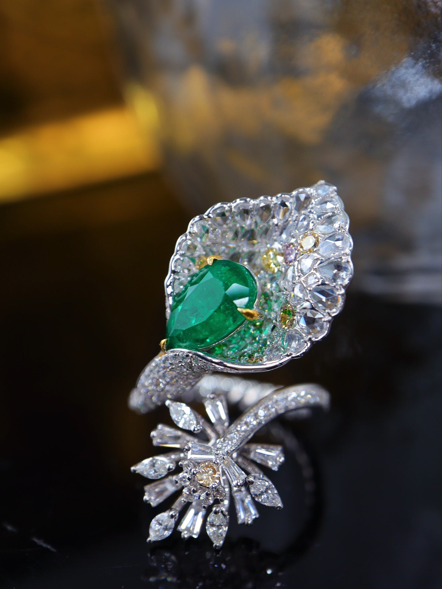 Emerald and Diamond Ring with Lotus Petal Design - Fine Jewelry