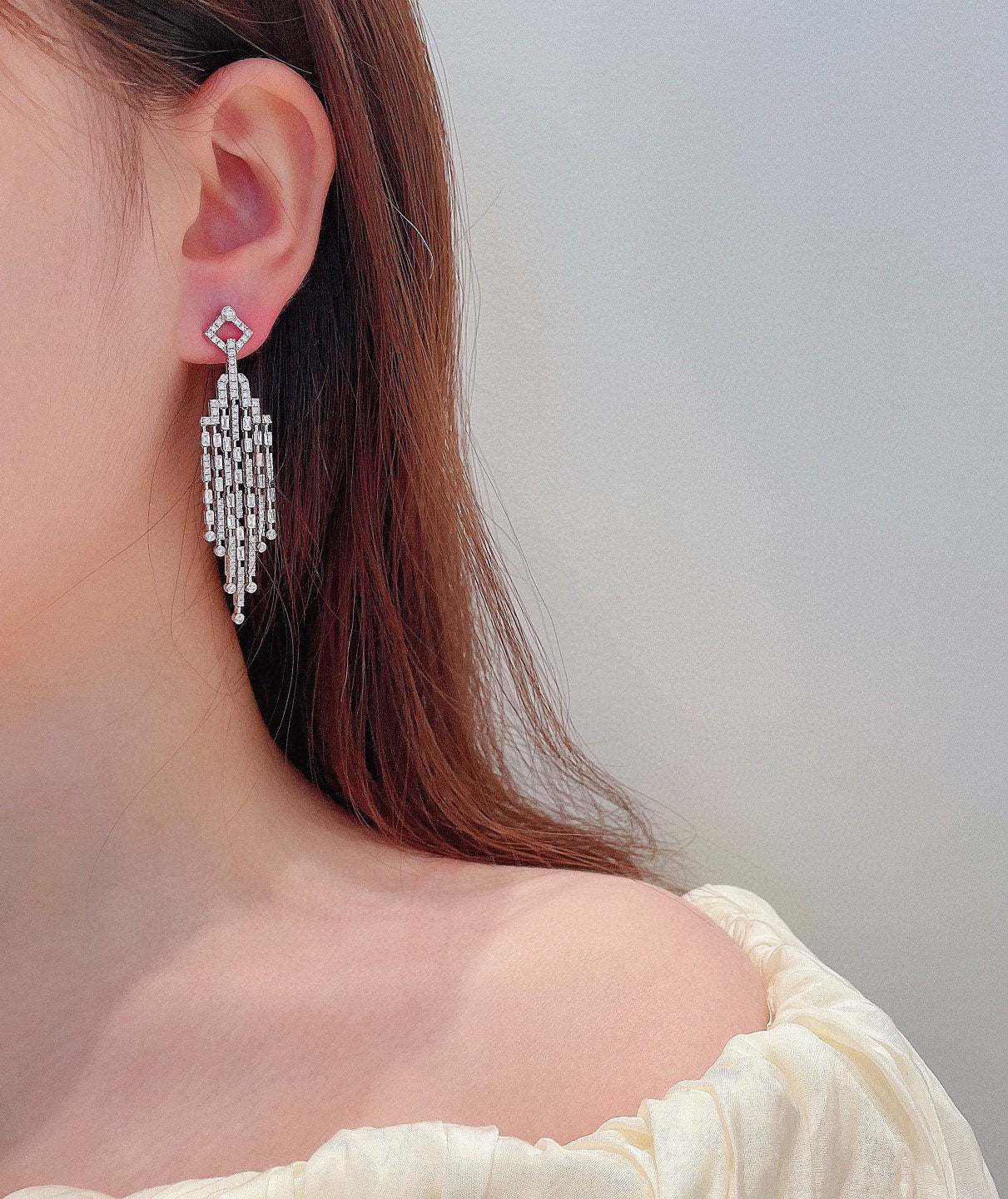 18K Cultured Round Diamond Trapezoid Kite Tassel Earrings