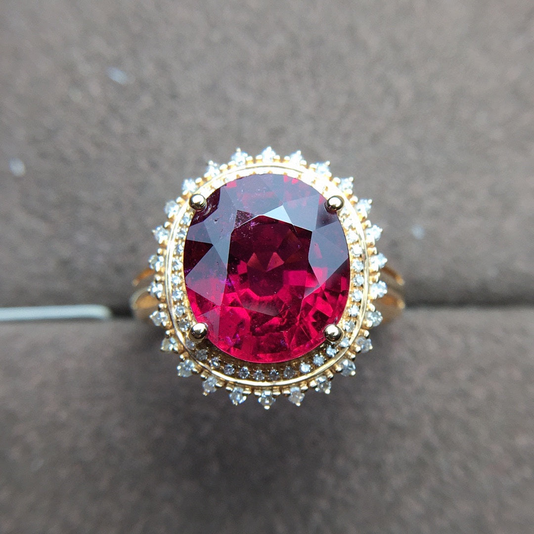 18K Gold Natural Tourmaline Ring with South African Diamonds - Elegant Jewelry