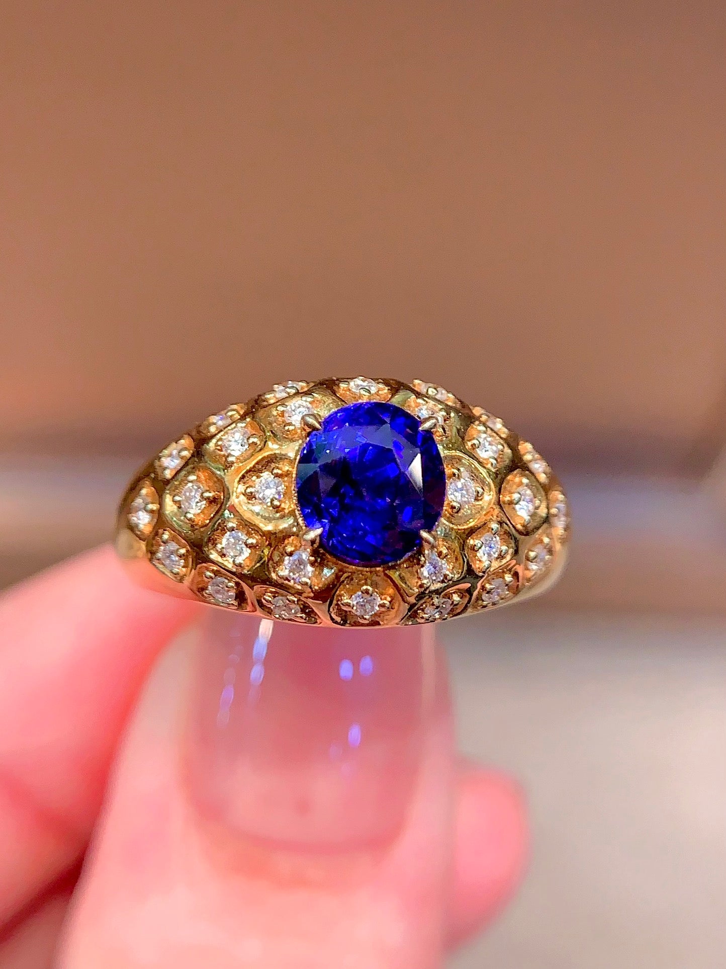 Vintage Style Wide Band Royal Blue Sapphire Ring with 18K Gold and Diamonds - Luxury Jewelry