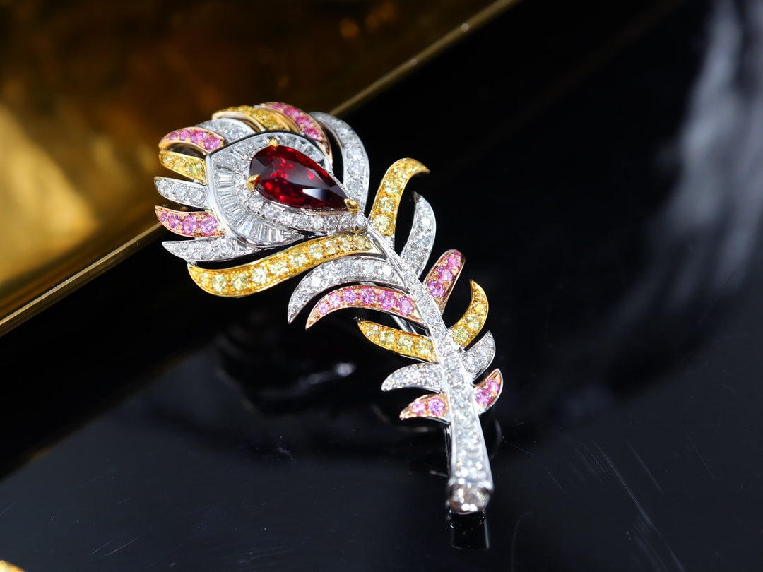 Ruby Feather High-End Brooch/Pendant Two-in-One Design Jewelry