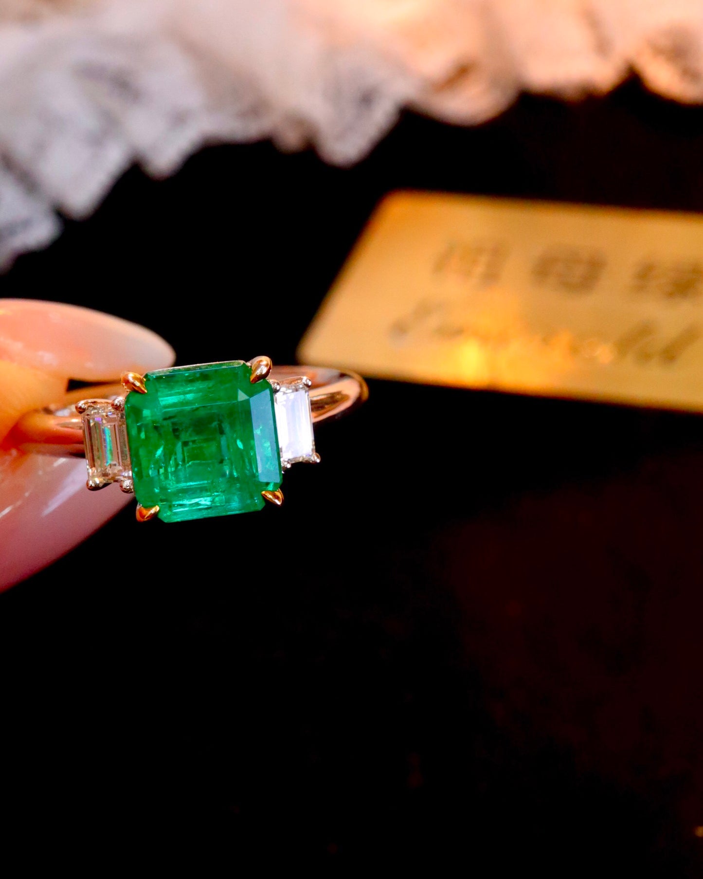 Timeless Elegance: Three-Stone Natural Emerald Ring in 18K Gold and Diamond