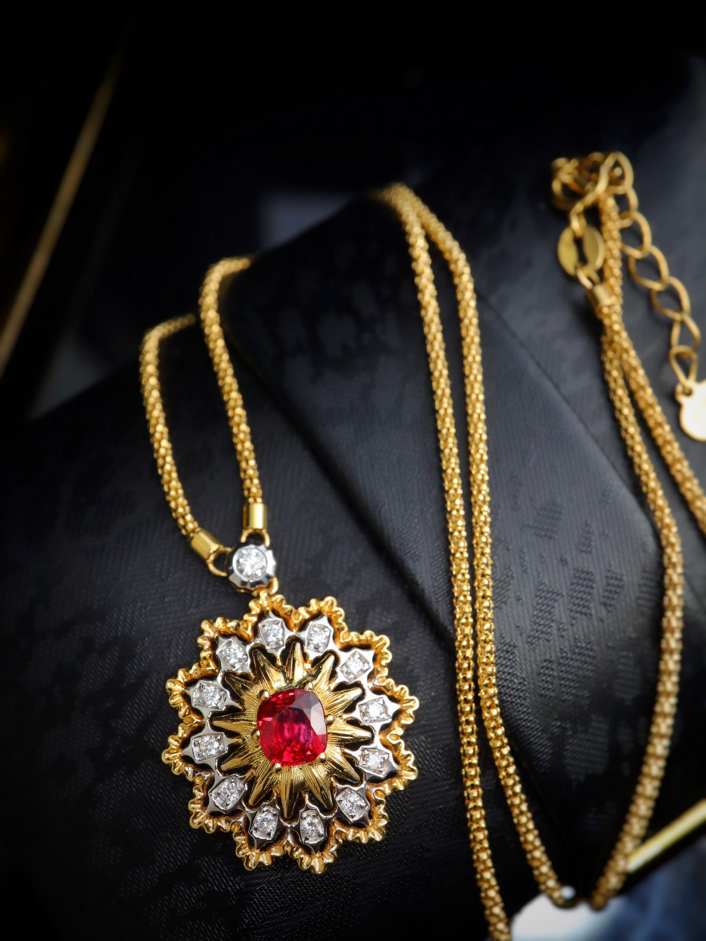 Italian Elegance Jewelry: Buccellati Classic Crafted Gold Necklace with Pigeon's Blood Red Gem