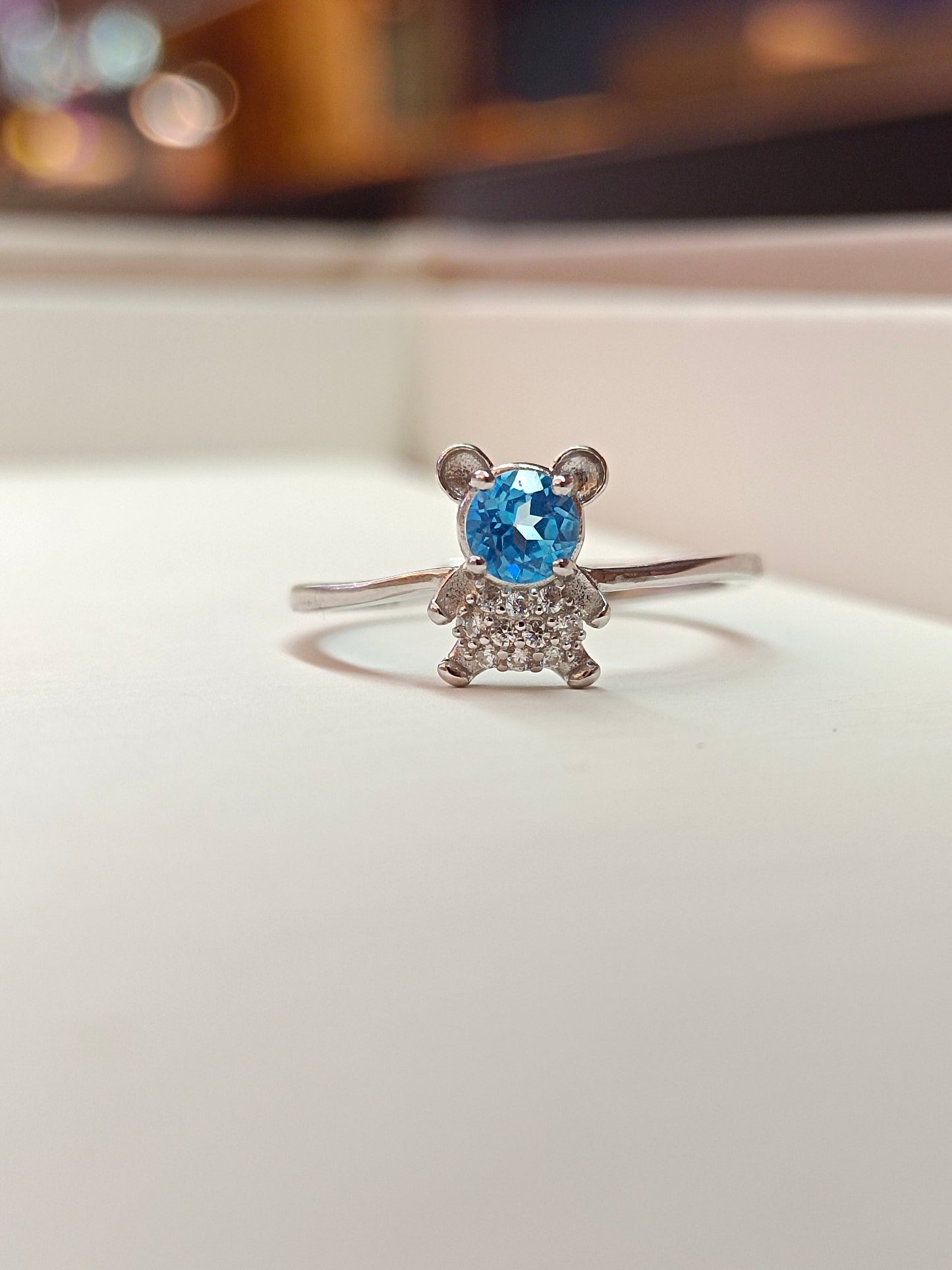 S925 Silver Embedded with Sky Blue Topaz Bear Ring - Unique Minimalist Jewelry