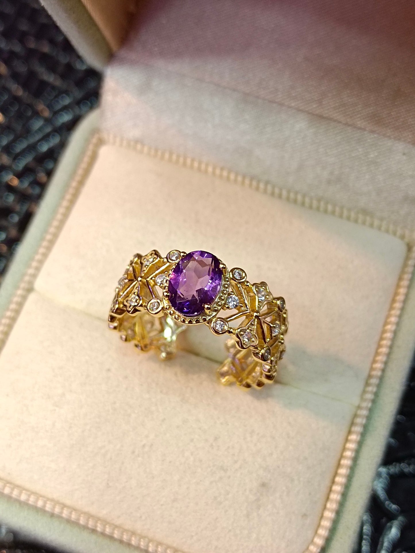 Cincin Perak S925 Sterling dengan Terbenam Amethyst Ungu & Teknik Emas 18K - Reka Bentuk Barang Kemas Unik